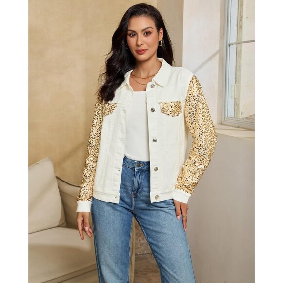 Cream White & Gold Sequin Jean Jacket for Women Long Sleeve Sparkly Denim Coat - Picture 4 of 7